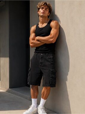 Yago Black Cargo Shorts Men’s Size 34 Utility Multi Pockets Casual Streetwear